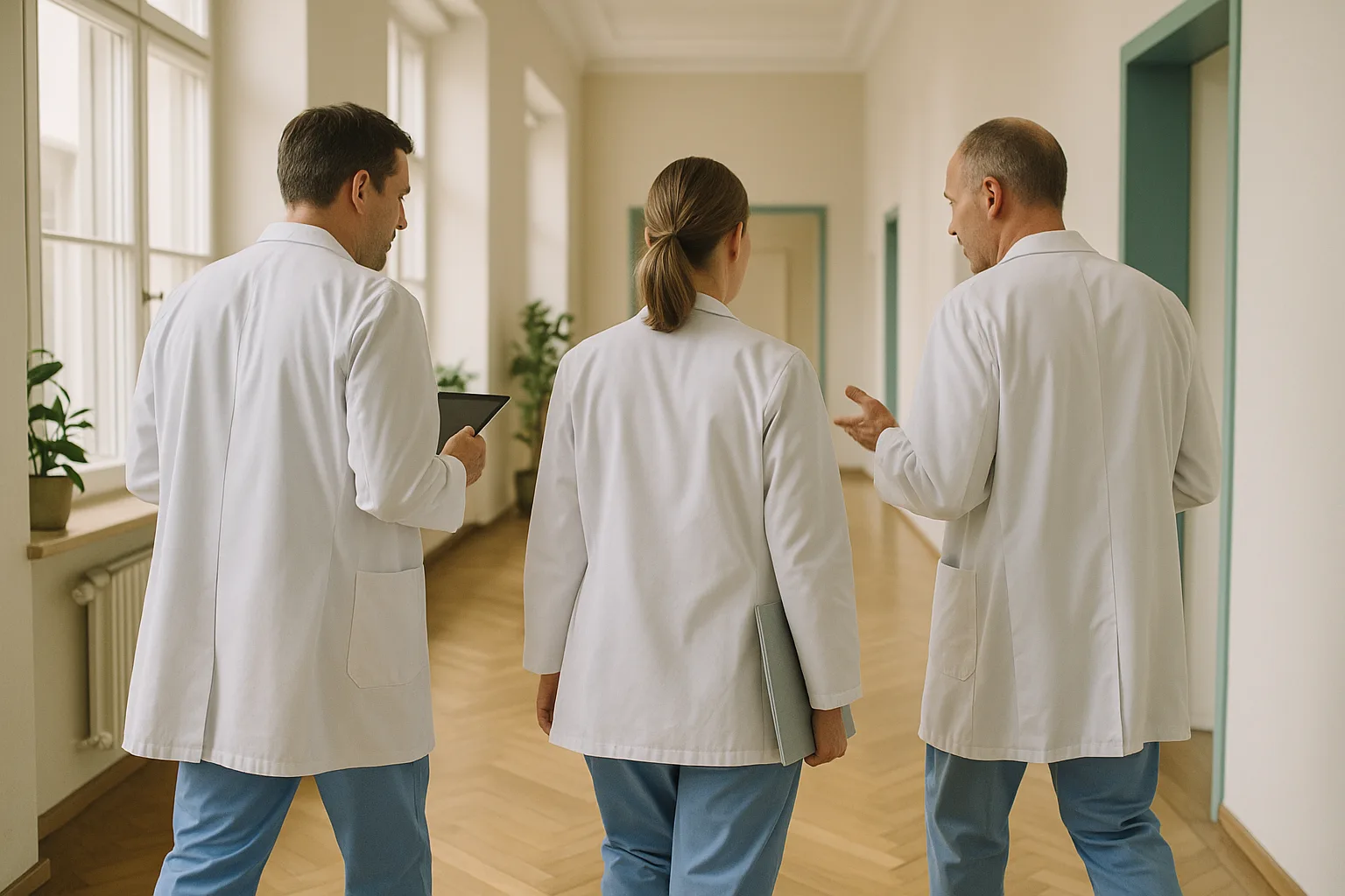 Immagine simbolica di un team medico in un corridoio di clinica luminoso