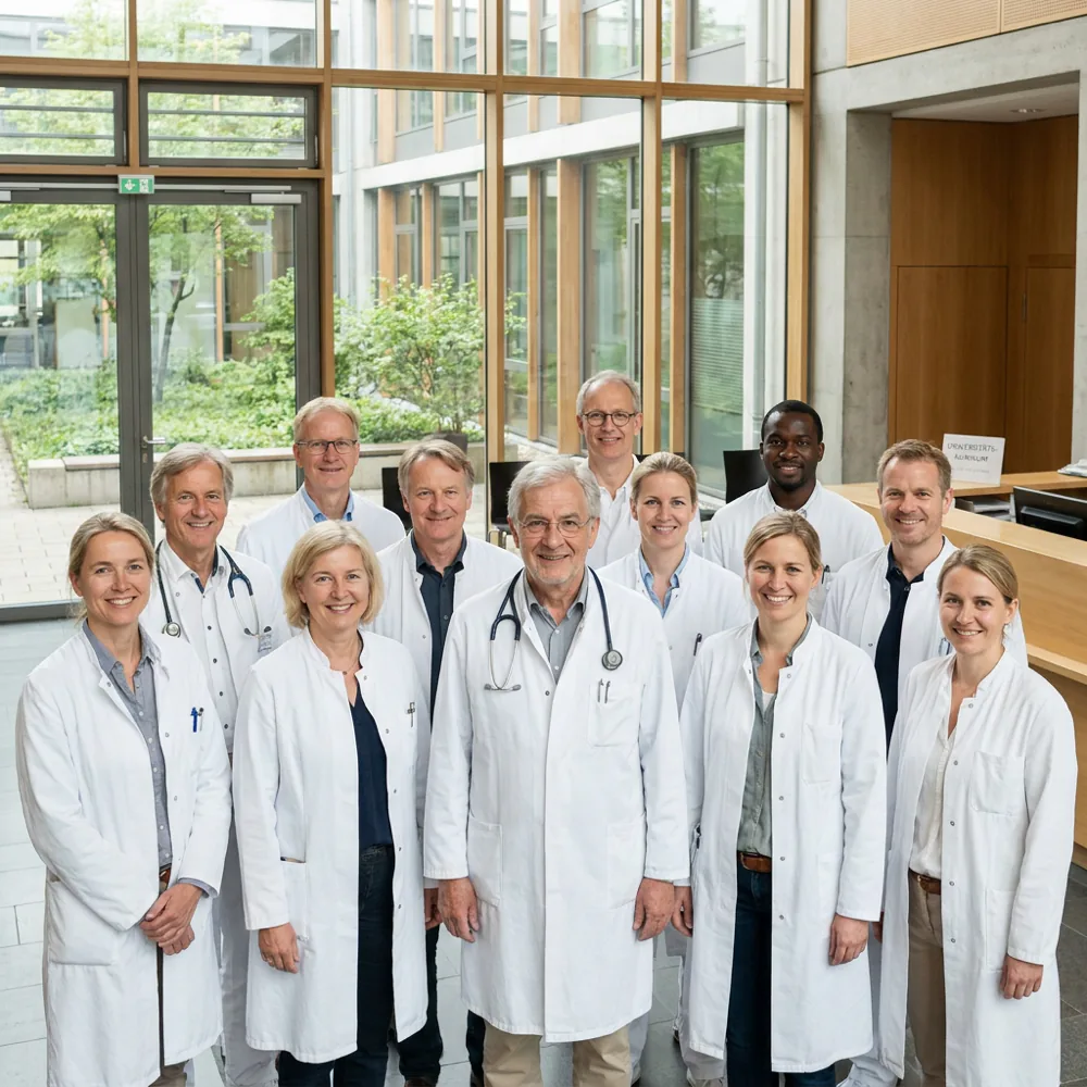 Immagine simbolica di un team medico in un corridoio di clinica luminoso