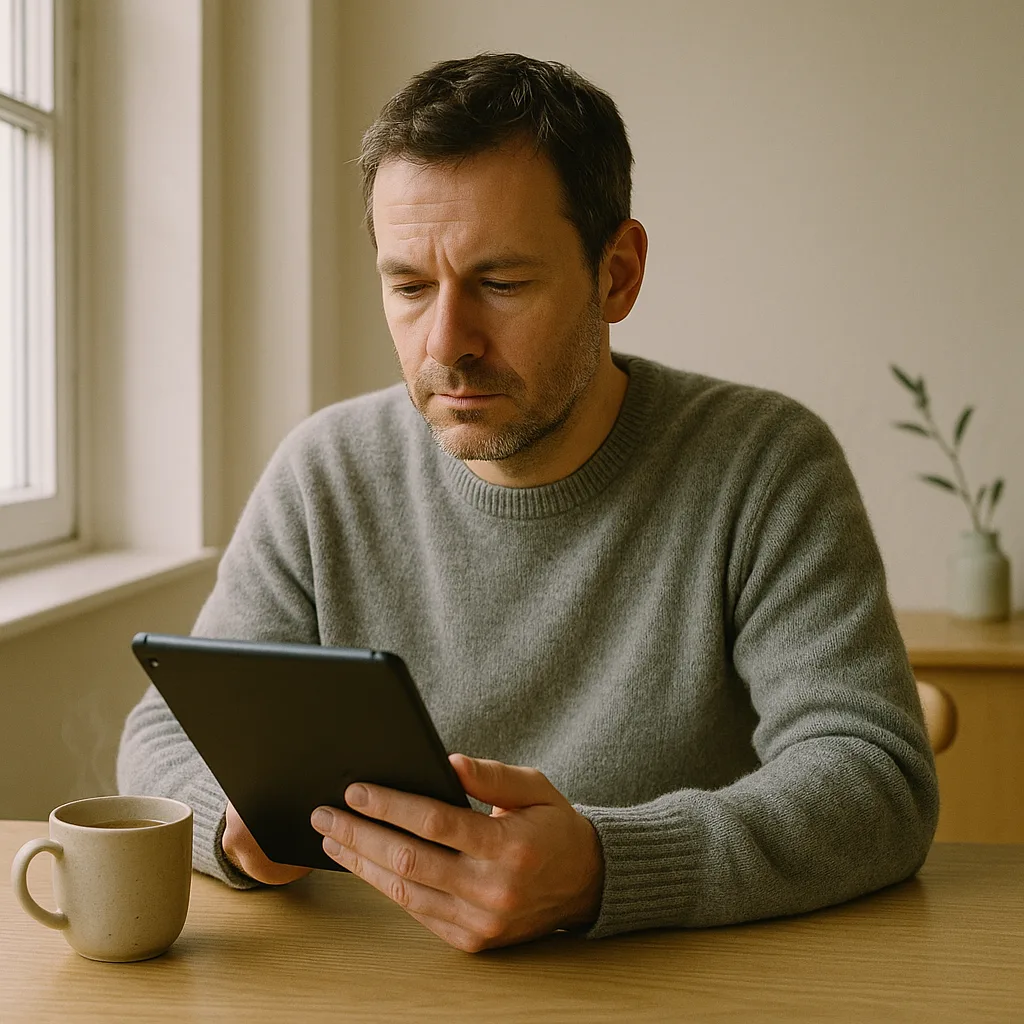 Immagine simbolica: persona che legge tranquillamente su un tablet a casa